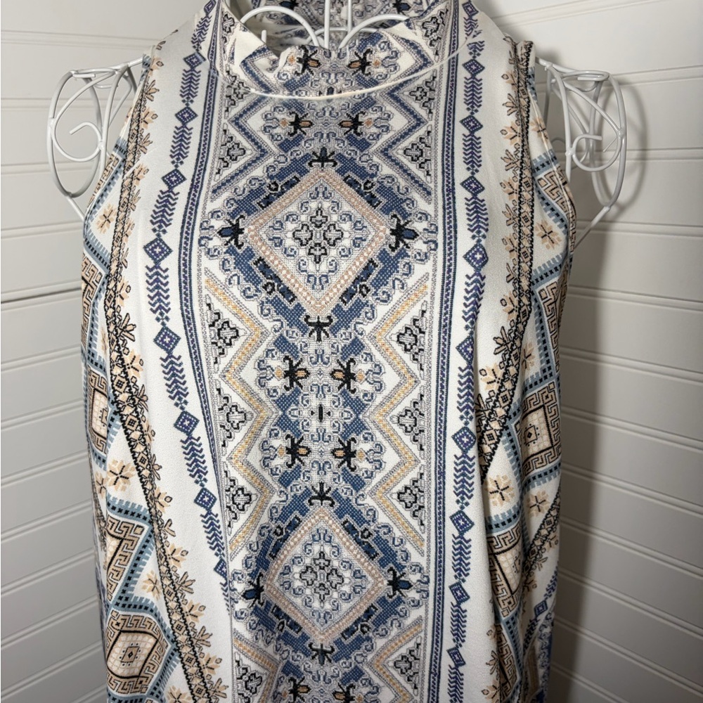 Blu Pepper Blue and Cream Sleeveless Dress with Geometric Print